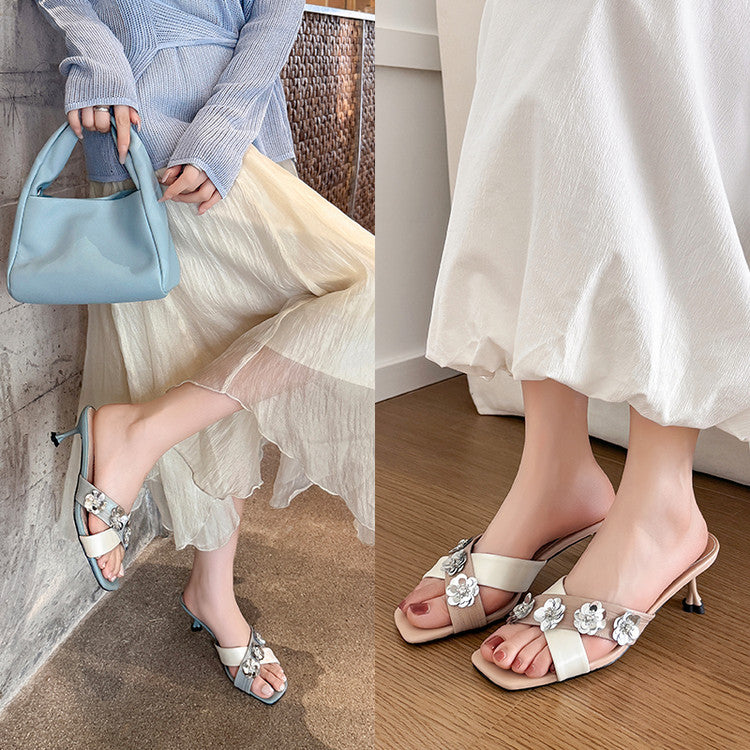 Karin Luna In Stock Spot Goods  Sequin Floral Cross Strap Square Toe Stiletto Slippers
