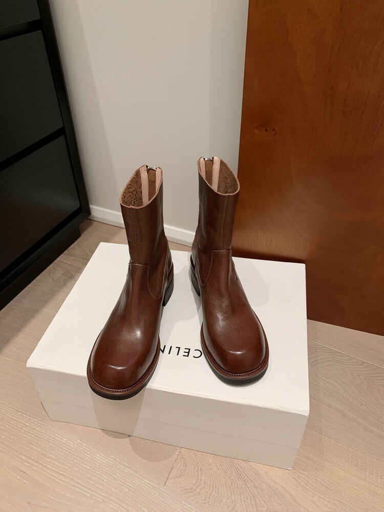 Karin Luna In Stock Spot Goods  Full-grain leather inside and out   Minimalist Texture  Round Toe Flat Bottom Basic Short Boots