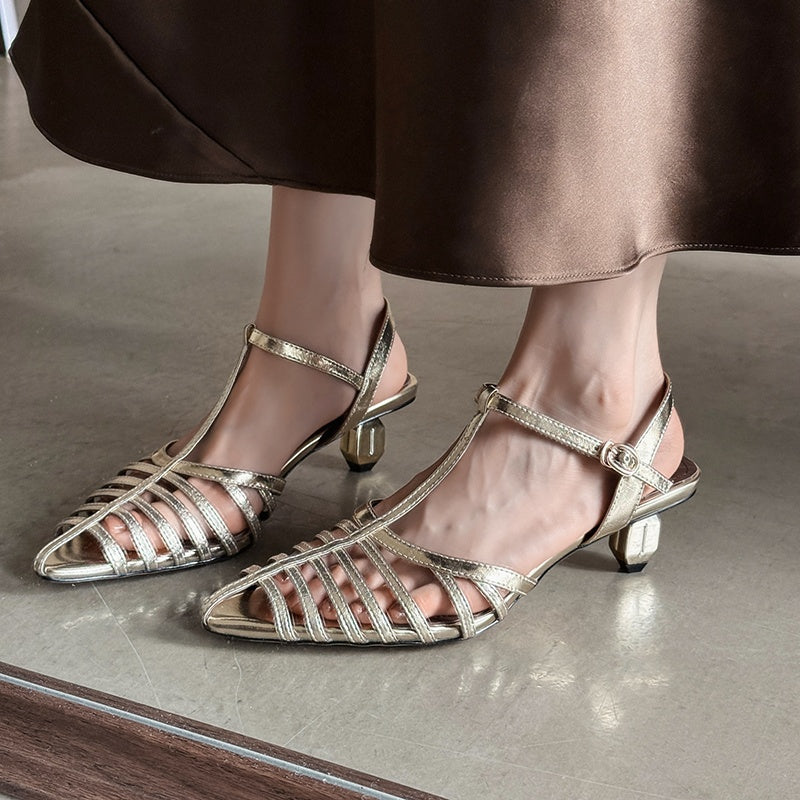 Karin Luna French Hollow Toe Metal Heel Elegant Sandals