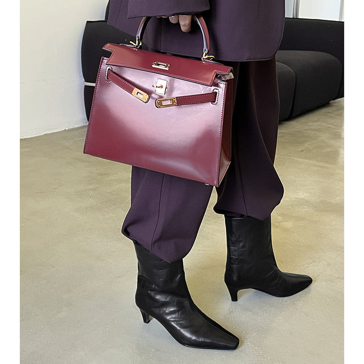 Karin Luna In Stock Spot Goods Top Layer Stone Pattern Cowhide Textured Small Square Toe Straight Short Boots