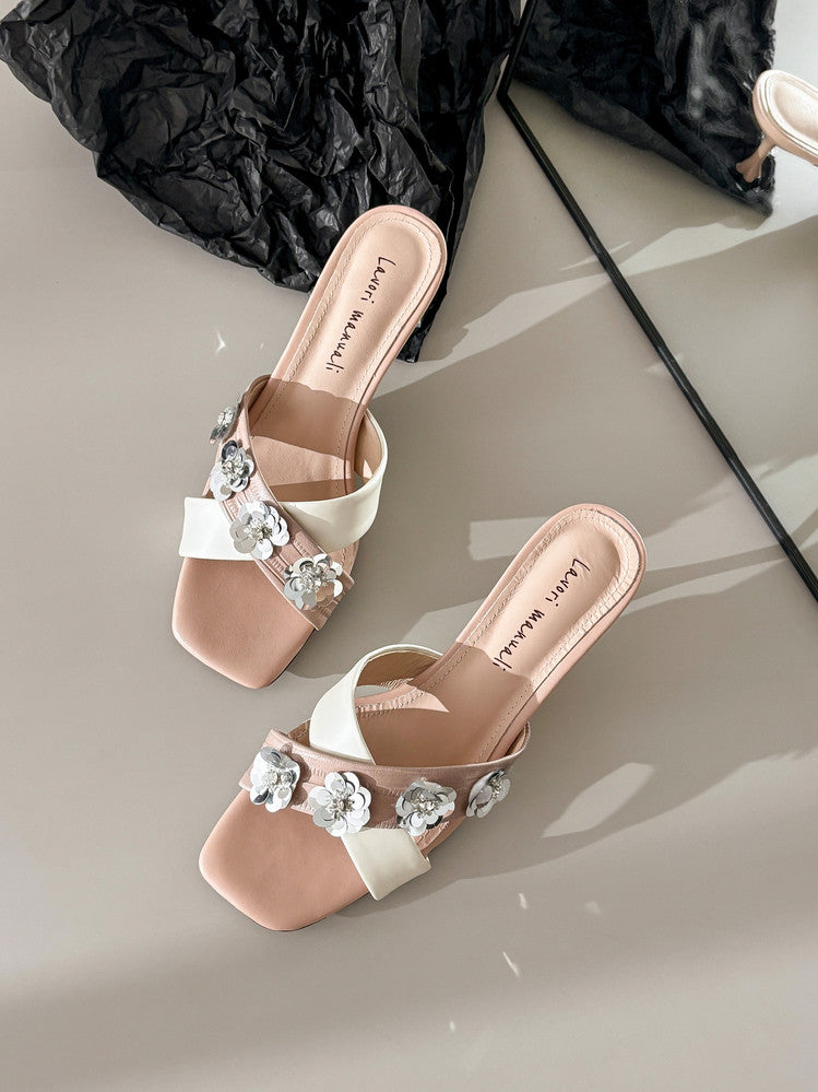 Karin Luna In Stock Spot Goods  Sequin Floral Cross Strap Square Toe Stiletto Slippers