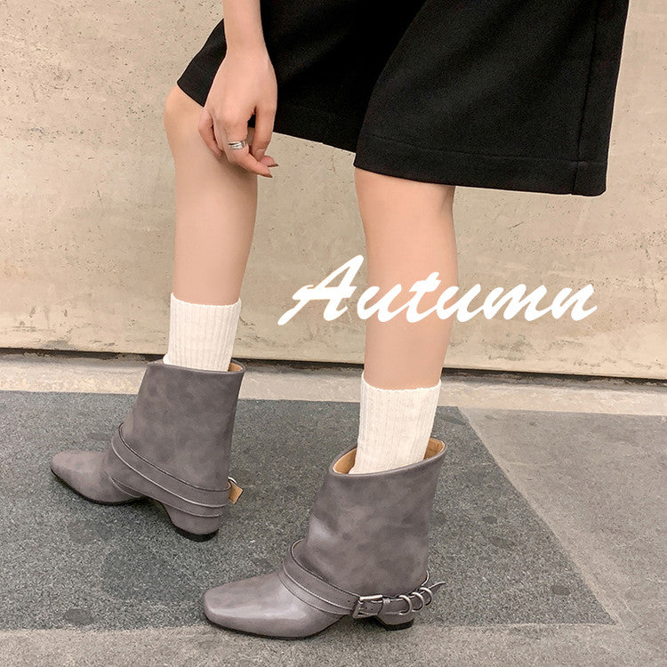 Karin Luna Data Hot Item Square Toe Hidden Wedge Belt Buckle Suede Ankle Boots