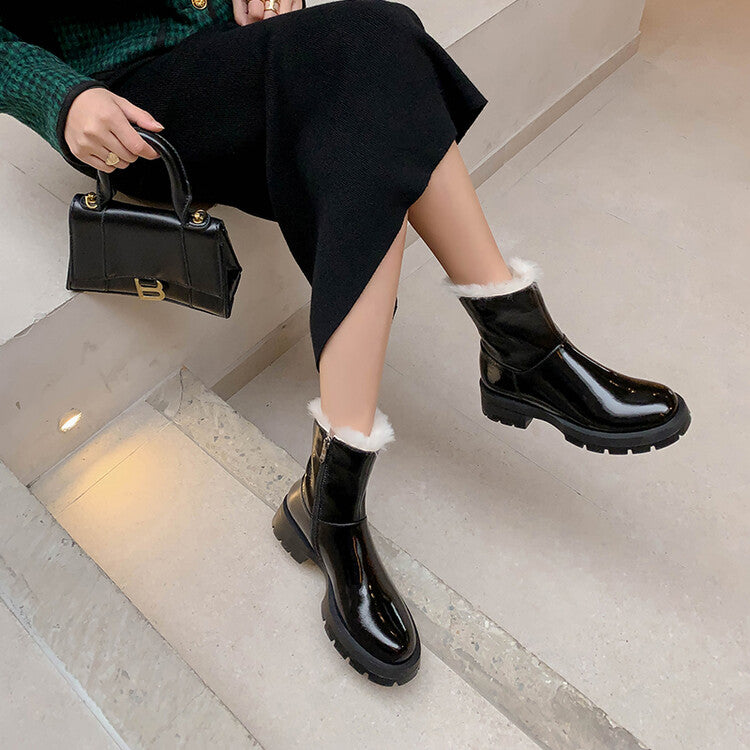 Karin Luna In Stock  Best-selling in stock Thickened Fleece Cow Patent Leather Hot-Selling Flat Short Boots
