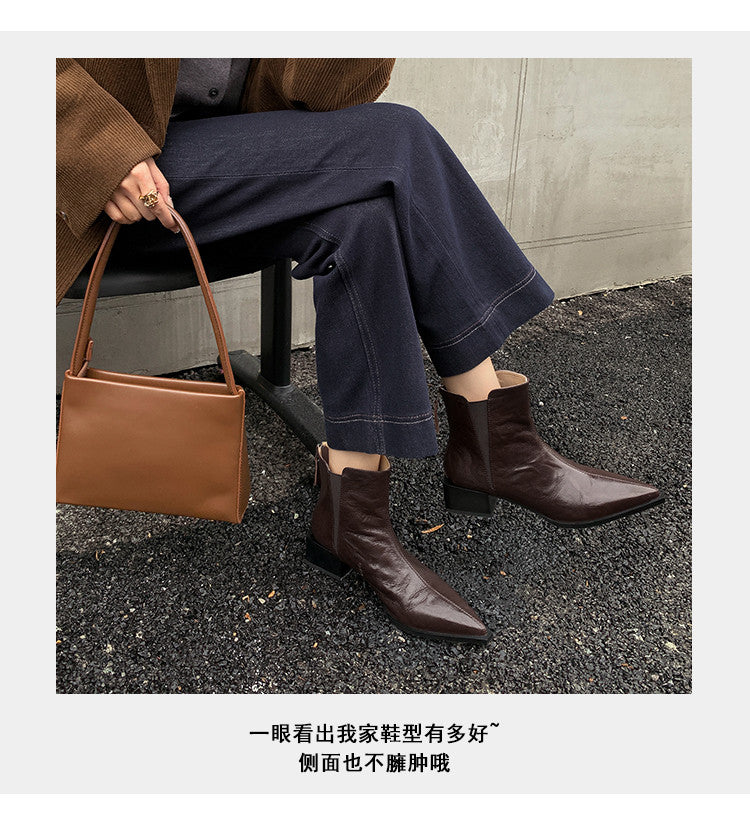 Karin Luna In Stock Spot Goods Elegant Stretch Fabric Patchwork Pointed Toe Chunky Heel Short Boots