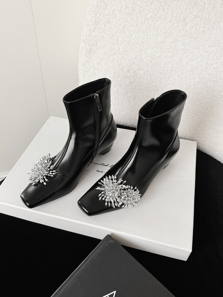 Karin Luna Elegant Style Square Toe Flower Design Height Increasing Short Boots with Two Front and Back Options