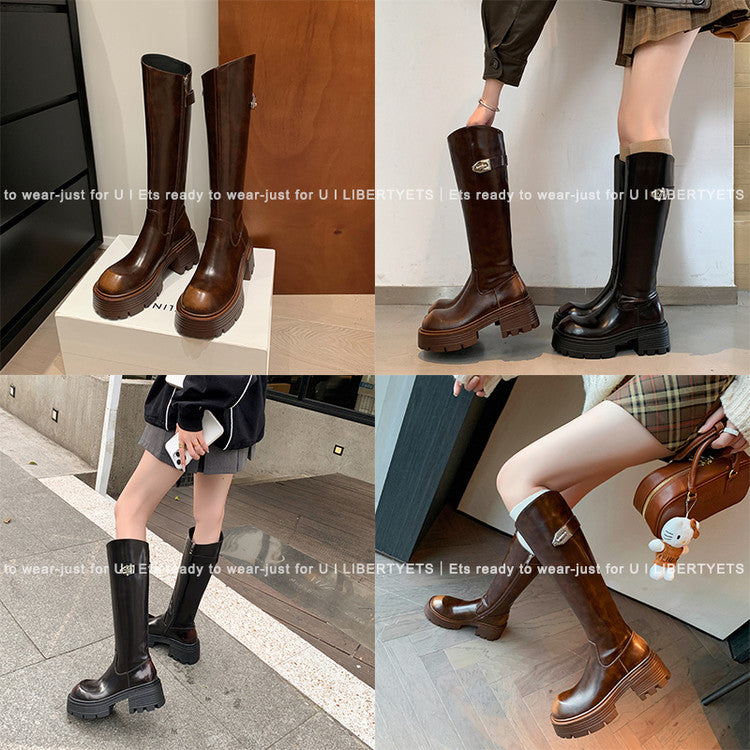 Karin Luna In Stock In Stock  Round Toe Thick Sole Belt Buckle Side Zipper Knight Boots