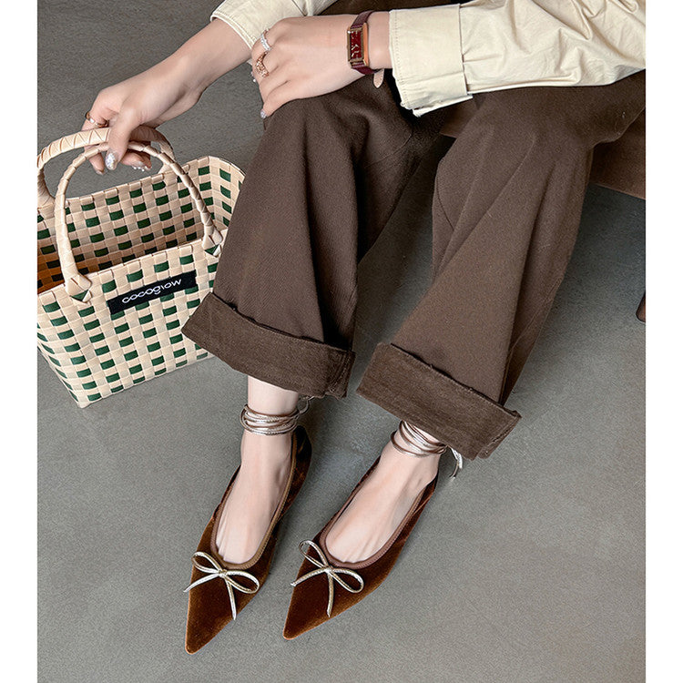 Karin Luna In Stock In Stock Retro Velvet Pointed Toe Bowknot Single Shoes