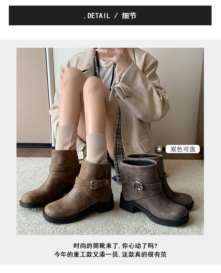 Karin Luna In Stock Spot Goods Versatile Basic Round Toe Belt Buckle Thick Sole Tube Boots