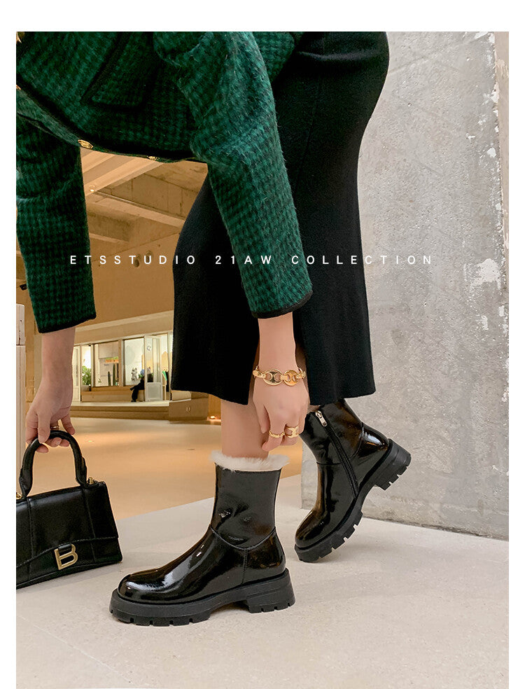 Karin Luna In Stock  Best-selling in stock Thickened Fleece Cow Patent Leather Hot-Selling Flat Short Boots