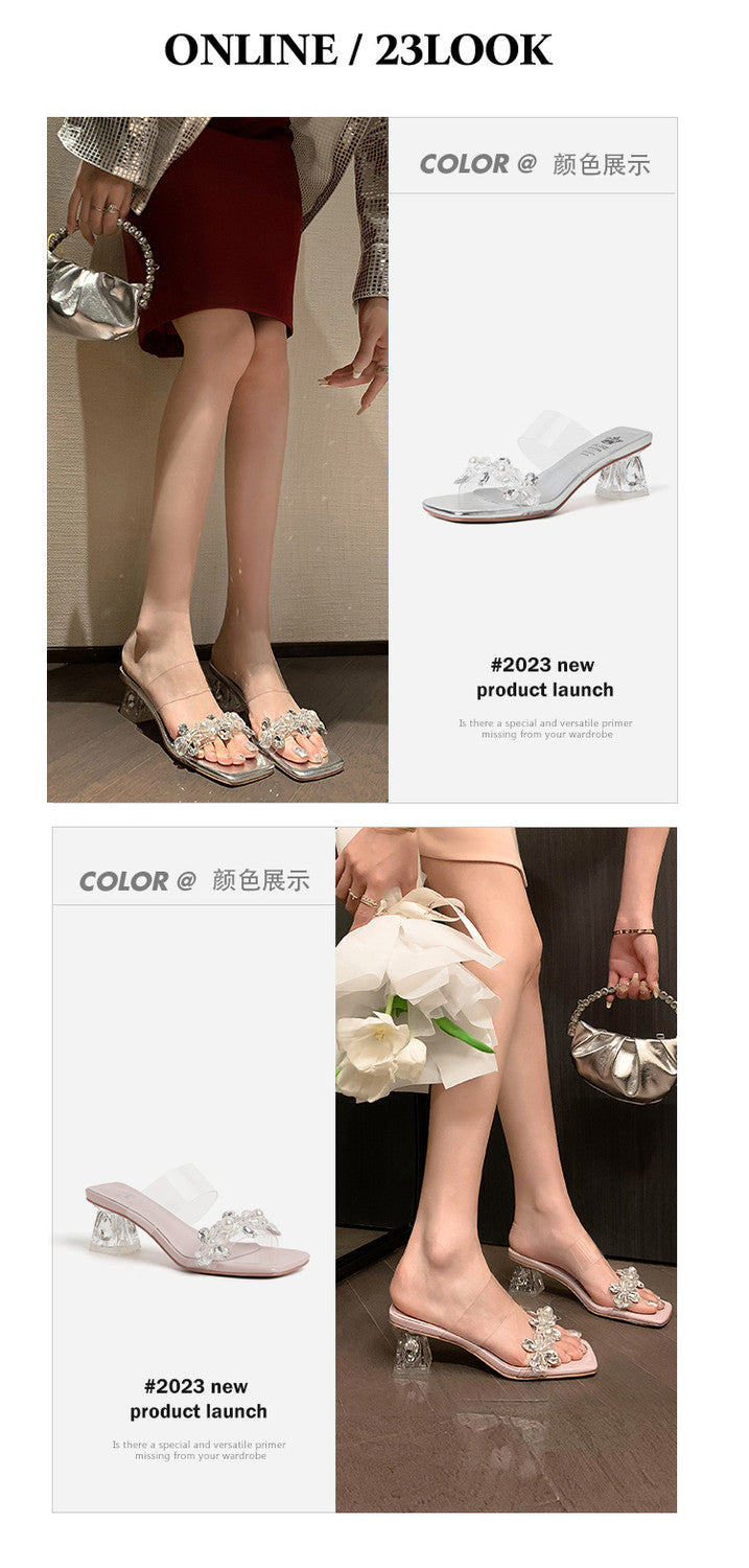Karin Luna In Stock Spot Goods  Always in stock Square Toe Sweet Rhinestone Crystal Heel Slippers