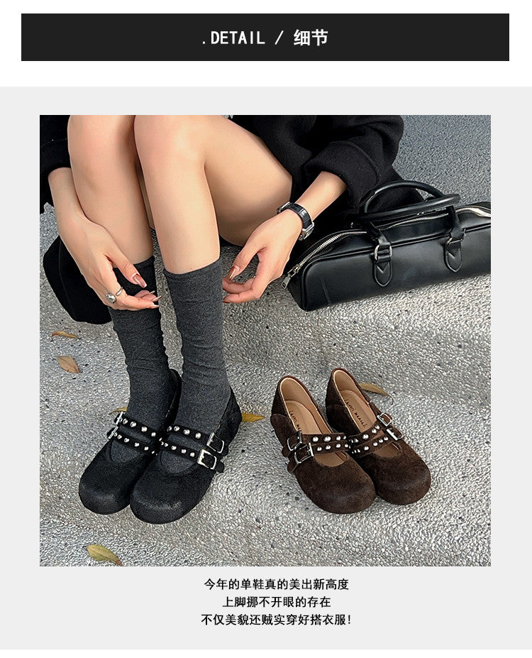 Karin Luna Hot Item Hot Item Punk Style One-Strap Round-Toe Suede Leather Height-Increasing Flats
