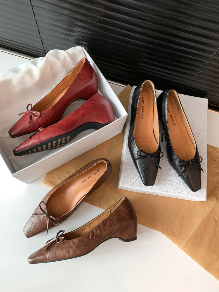 Karin Luna Full Layer Inside and Out~Basic Versatile Small Square Toe Butterfly Knot Irregular Heel Single Shoes