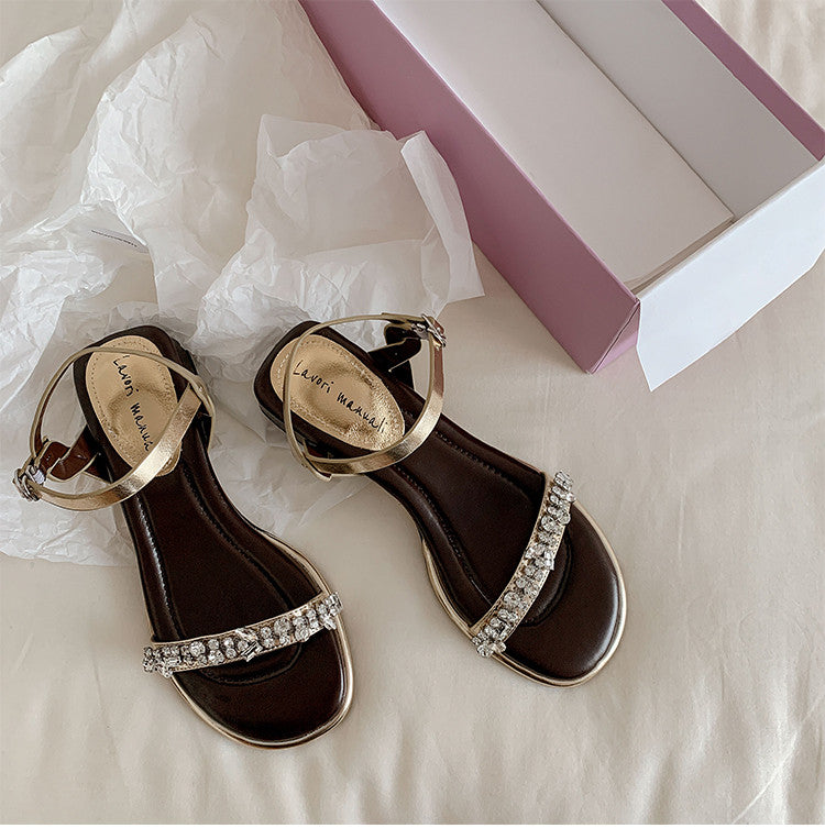 Karin Luna In Stock In Stock  Rhinestone Strap Round Toe Chunky Heel Sandals