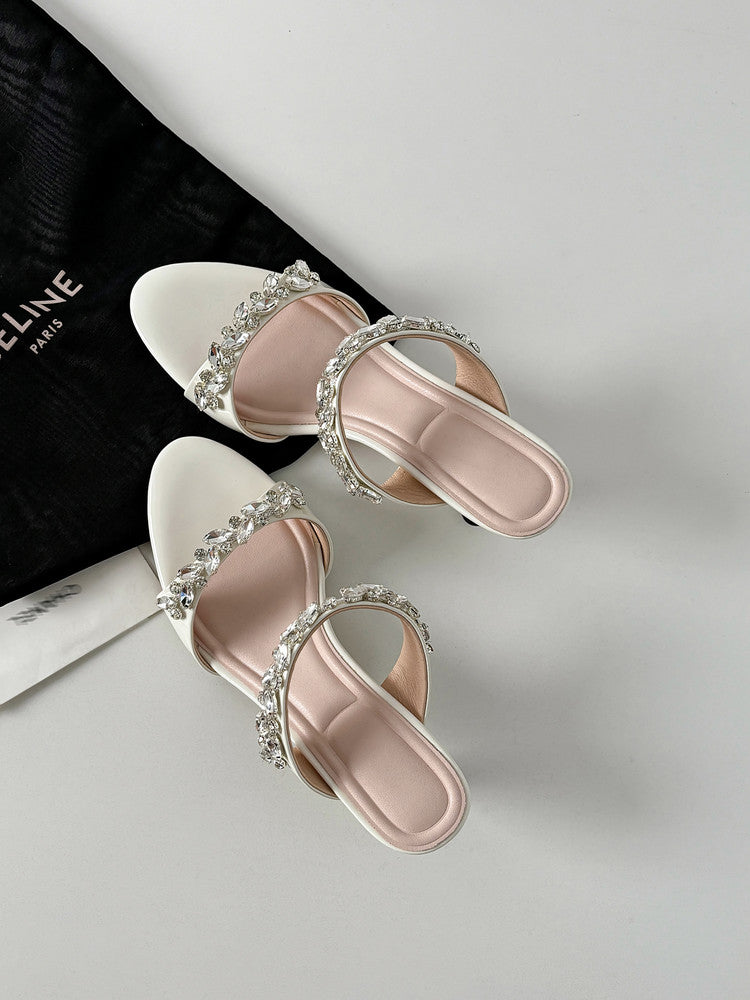 Karin Luna Exquisite Round Toe One-Strap Rhinestone Thin Heel Slippers