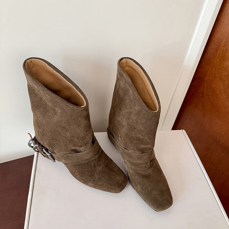Karin Luna Data Hot Item Square Toe Hidden Wedge Belt Buckle Suede Ankle Boots