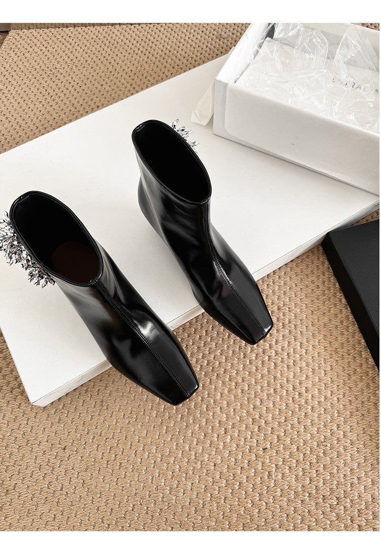 Karin Luna Elegant Style Square Toe Flower Design Height Increasing Short Boots with Two Front and Back Options