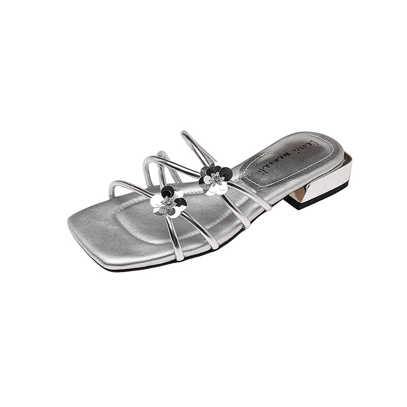 Karin Luna In Stock    Spot Goods    Square Toe One-Strap Sequin Flower Flat Slippers