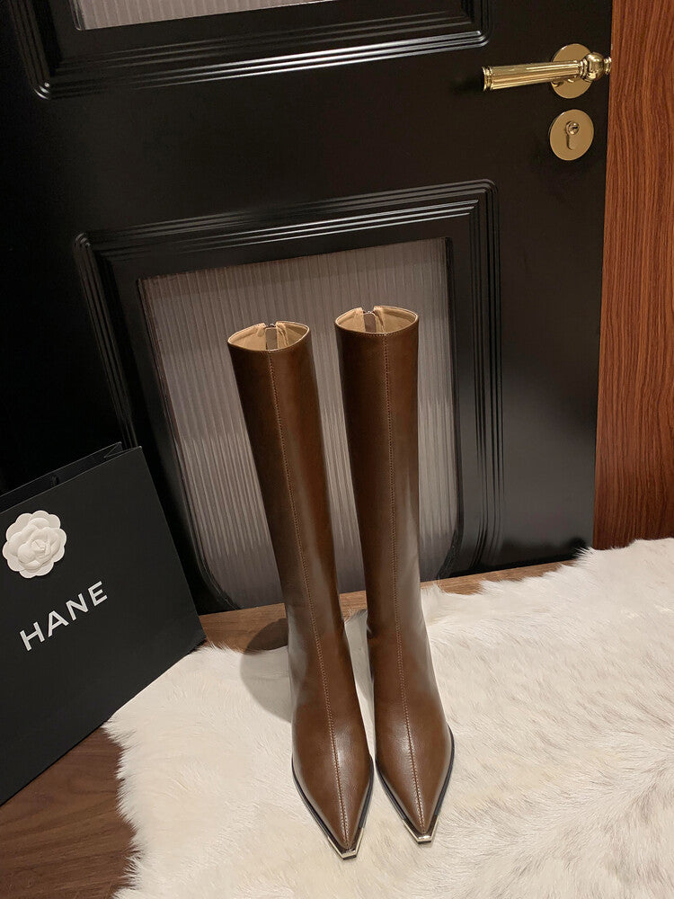 Karin Luna In Stock  In Stock Elegant Metal Pointed Toe Chunky Heel Full Cowhide Leather Riding Boots