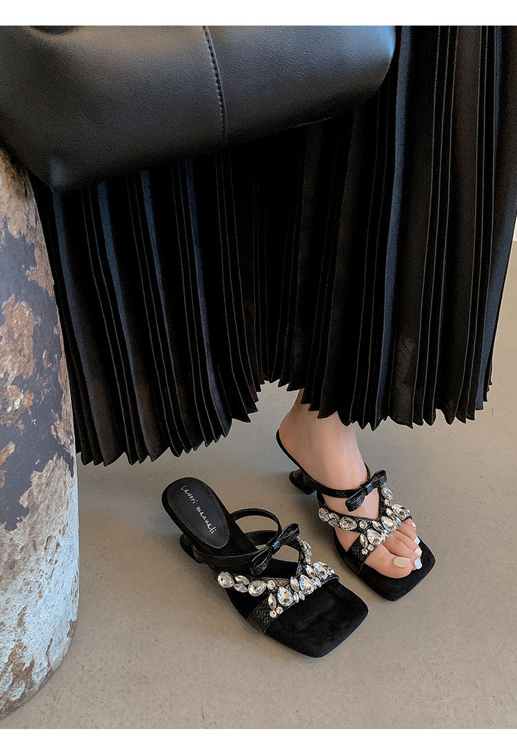 Karin Luna In Stock In Stock  Square Toe Rhinestone Bow Suede Slippers