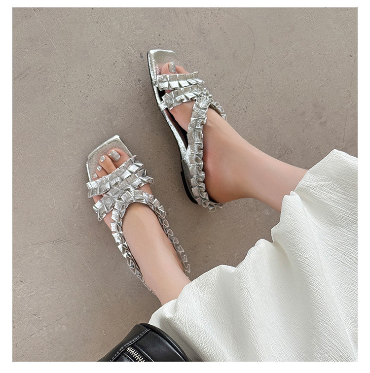 Karin Luna In Stock   Spot Goods  Niche Design Square-Toed Pleated Flat Slippers