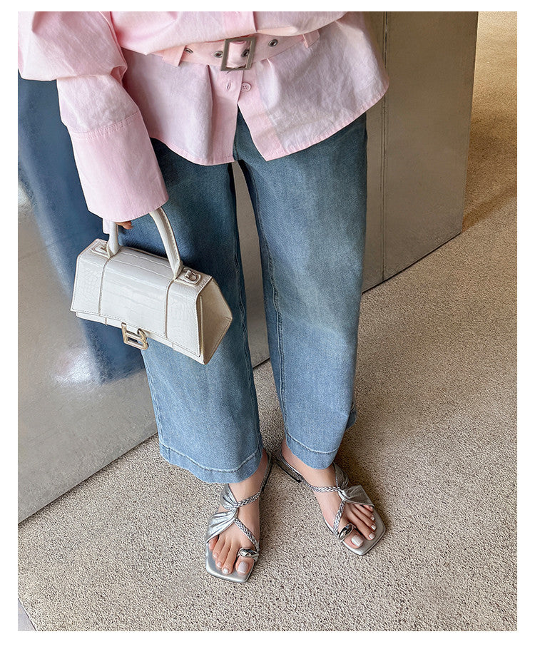 Karin Luna  Square Toe Braided Cross Thick Heel Flat Slippers