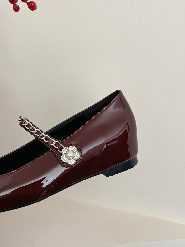 Karin Luna In Stock In Stock ~Metal One-Strap Pearl Small Square Toe Height-Increasing Flats