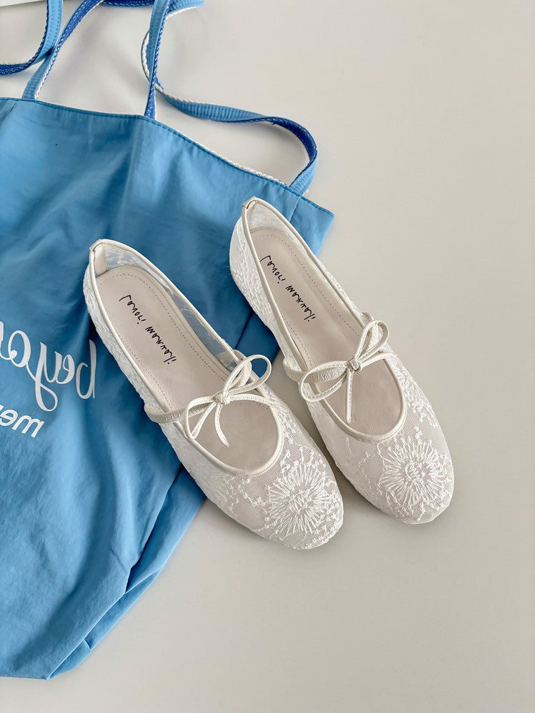 Karin Luna In Stock Spot Goods  Summer Breathable Retro Embroidered Bow Granny Shoes