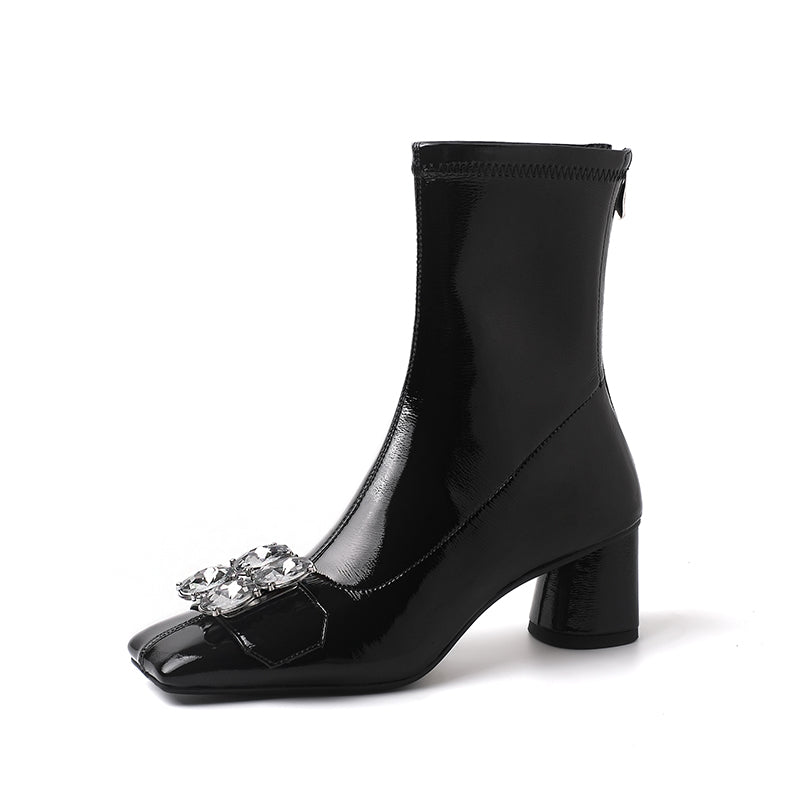 Karin Luna In Stock  Elegant Style Square Toe Rhinestone Chunky Heel Ankle Boots