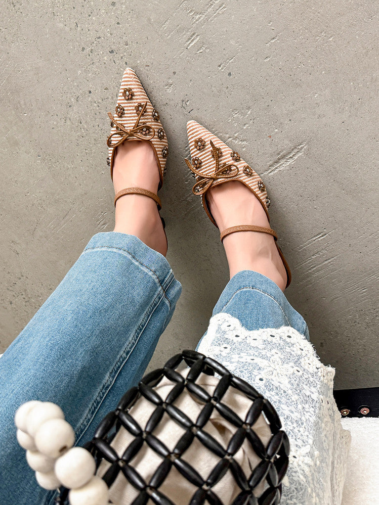 Karin Luna In Stock Spot Goods  Elegant Floral Pointed Toe Rhinestone Slippers