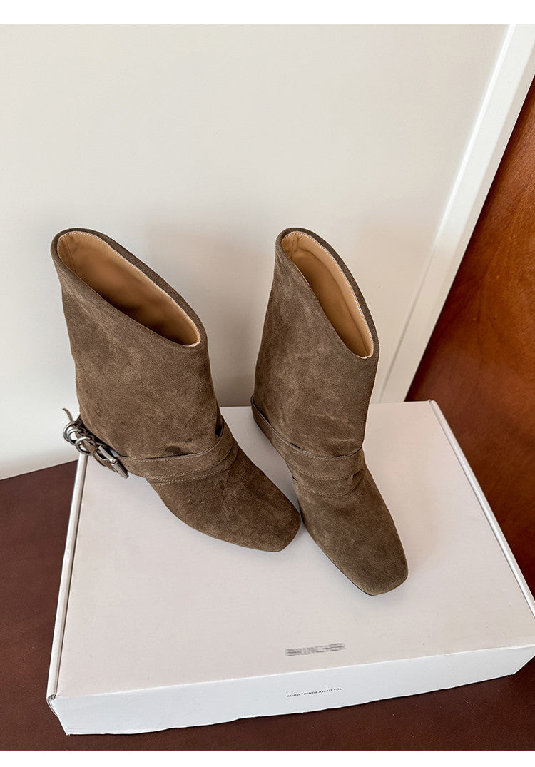 Karin Luna Data Hot Item Square Toe Hidden Wedge Belt Buckle Suede Ankle Boots