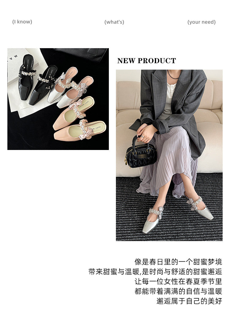 Karin Luna Handmade One-Strap Rhinestone Ribbon Square-Toe Mules