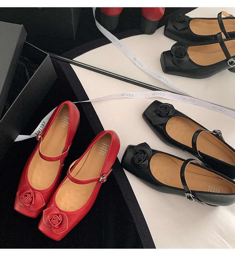 Karin Luna In Stock Spot Goods  Vintage Three-Dimensional Camellia Square-Toed Mary Jane Shoes