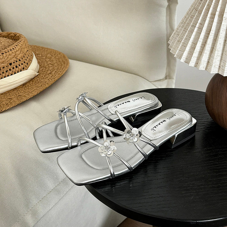Karin Luna In Stock    Spot Goods    Square Toe One-Strap Sequin Flower Flat Slippers