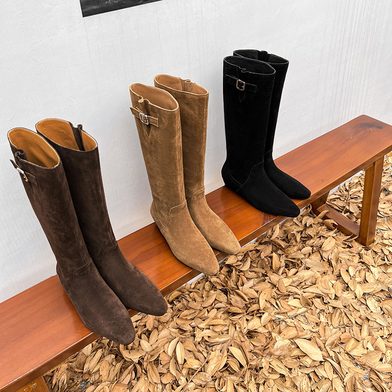 Karin Luna In Stock Spot Goods Vintage Cowhide Leather Chunky Heel Height Increasing Long Boots