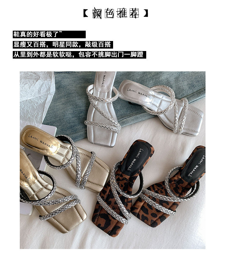 Karin Luna In Stock Spot Goods  Rhinestone One-Strap Irregular Heel Square-Toe Slippers