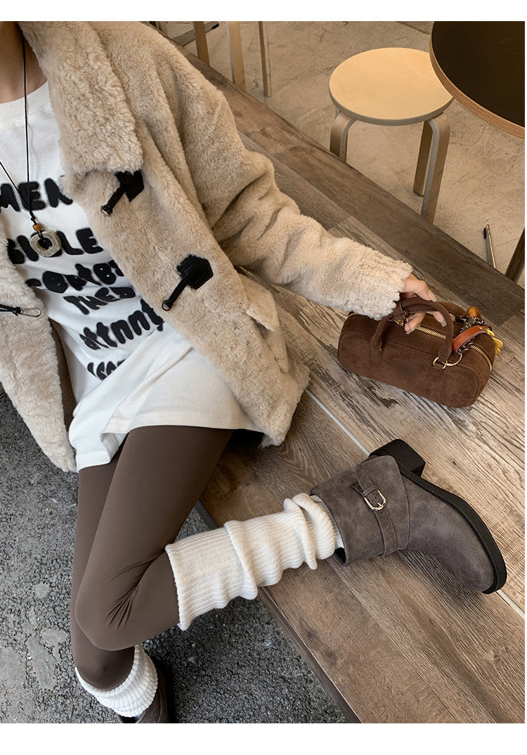 Karin Luna In Stock Spot Goods Versatile Basic Round Toe Belt Buckle Thick Sole Tube Boots