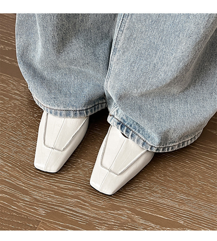 Karin Luna In Stock Spot Goods  Retro Full Leather Square Toe Shallow Mouth Single Shoes