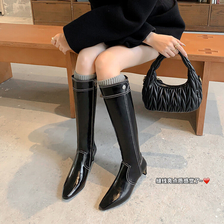 Karin Luna In Stock Spot Goods  Vintage Open Stitch Small Square Toe High Heel Side Zipper Riding Boots
