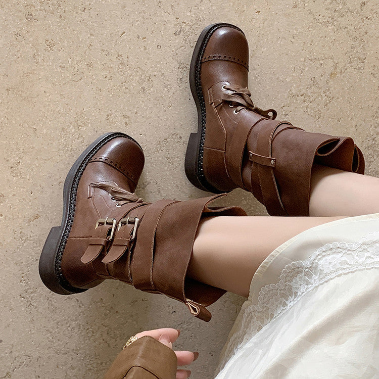 Karin Luna Bestseller Hot-Selling Large Tube Leather Belt Buckle Round Toe Thick-Soled Short Boots