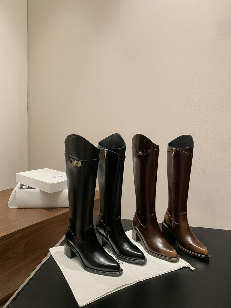 Karin Luna Hot-Selling Fasteners Sold as soon as listed Comes with data plan included Pointed Toe Chunky Heel Classic Full Cowhide Leather Riding Boots