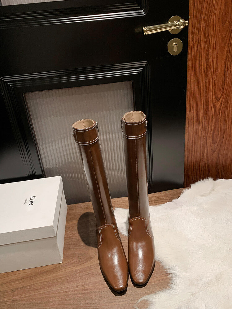 Karin Luna In Stock Spot Goods  Vintage Open Stitch Small Square Toe High Heel Side Zipper Riding Boots
