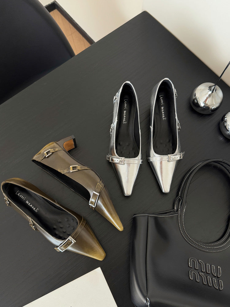 Karin Luna In Stock In Stock Retro Belt Buckle Small Square Toe Chunky Heel Single Shoes