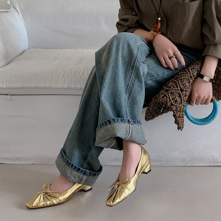 Karin Luna French Style Wrinkled Square Toe Height-Increasing Flats