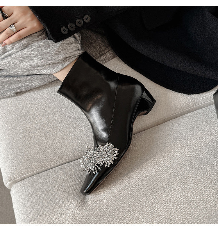 Karin Luna Elegant Style Square Toe Flower Design Height Increasing Short Boots with Two Front and Back Options
