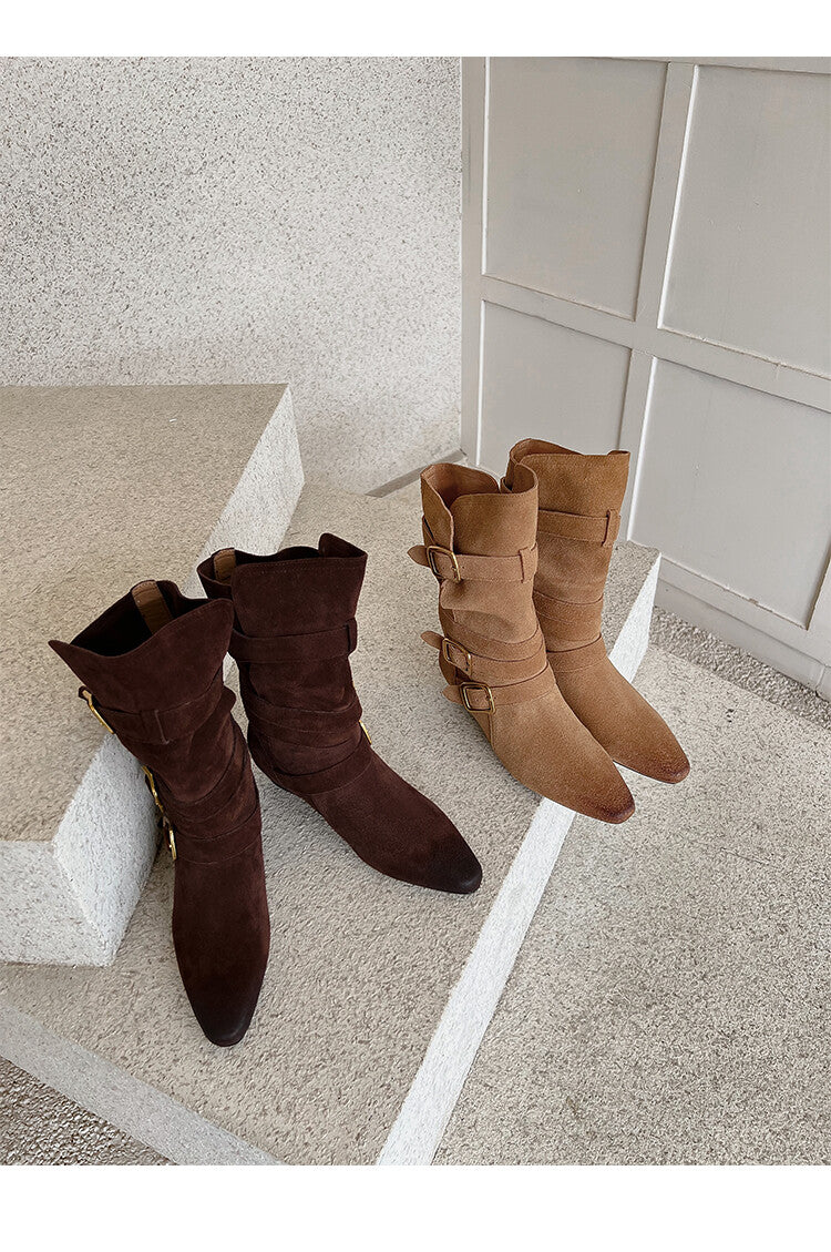 Karin Luna Cow Leather Small Square Toe Belt Buckle Fashion Boots
