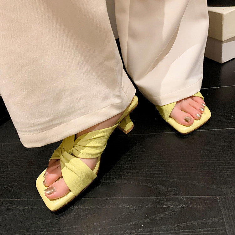 Karin Luna In Stock In Stock  Comfortable Cross Strap  Airy High Heel Square Toe Slippers
