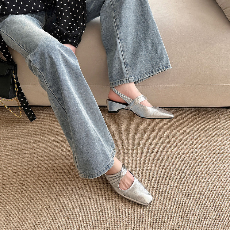 Karin Luna In Stock  Spot Goods Small Square Toe Wrinkled Chunky Heel Closed-Toe Sandals