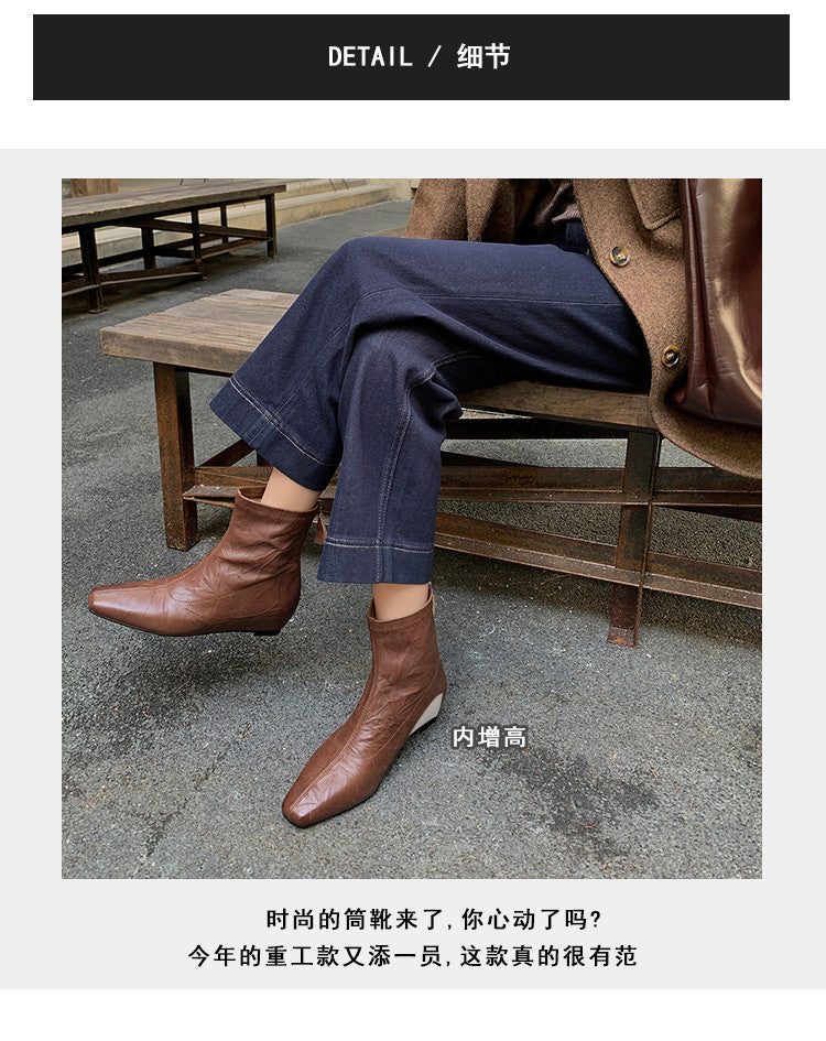 Karin Luna In Stock Spot Goods Slim Series  Hidden Wedge Small Square Toe Back Zipper Short Boots