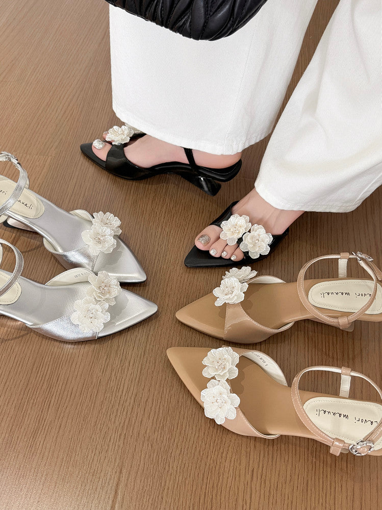 Karin Luna In Stock Spot Goods  Classic Camellia Pointed Toe Elegant Irregular Heel Sandals