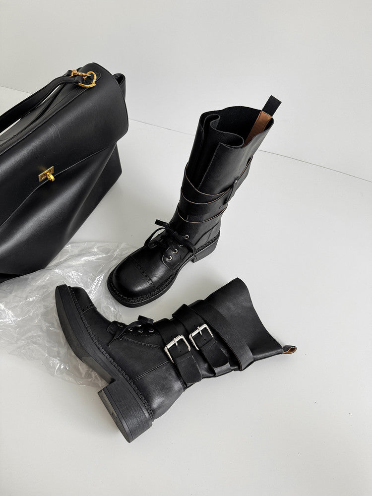 Karin Luna Bestseller Hot-Selling Large Tube Leather Belt Buckle Round Toe Thick-Soled Short Boots